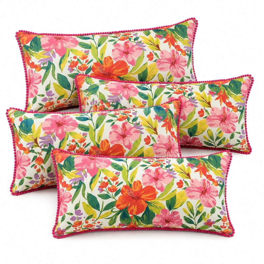 allen + roth Lumbar Pillow Set of 4 Outdoor Pink Tropical Hibiscus TM19S08B-9C8